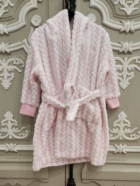 Peter Alexander Girls Pink & White Chevron Plush Hooded Robe Size 2